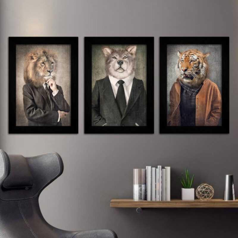 Kit 3 Quadros-Animais-de-roupa