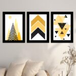 Kit 3 Quadros Geométrico-Amarelo - Moldura Preta -