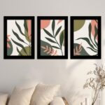 Kit 3 Quadros Plantas Abstrato - Moldura Preta -