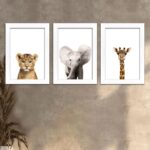 Kit 3 Quadros Animais-Savana - Moldura Preta -