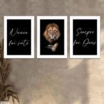 Kit 3 Quadros decorativos Leão nunca foi sorte - Moldura Branca Ambientado