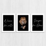 Kit 3 Quadros decorativos Leão nunca foi sorte - Moldura Branca
