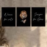 Kit 3 Quadros decorativos Leão nunca foi sorte - Moldura Preta Ambientado