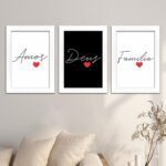 Kit 3 Quadros Amor, Deus e Família - Moldura Branca Ambientado