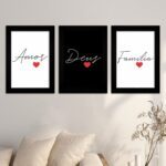 Kit 3 Quadros Amor, Deus e Família - Moldura Preta Ambientado