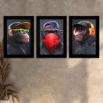 Kit 3 Quadros - Macacos - Moldura Preta -