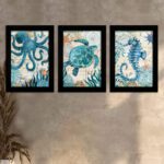 Kit 3 Quadros Animais-Marinhos - Moldura Preta -