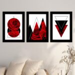 Kit 3 Quadros Rosas-Geométrica - Moldura Preta -