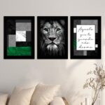 Kit 3 Quadros-Frase Leão-olhos-verdes - Moldura Preta -