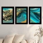 Kit 3 Quadros Abstrato-Azul - Moldura Preta -