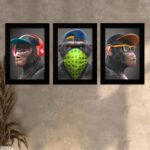 Kit 3 Quadros Macacos-Drip - Moldura Preta -