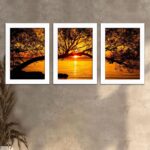 Kit 3 Quadros Paisagem - Moldura Branca Ambientado