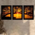 Kit 3 Quadros Paisagem - Moldura Preta Ambientado