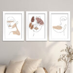 Kit 3 Quadros Boho-Chic Rostos - Modelo Classico - Moldura Branca - Ambientado