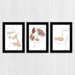 Kit 3 Quadros Boho-Chic Rostos - Modelo Classico - Moldura Preta