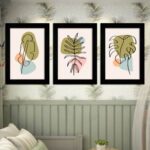 Kit 3 Quadros boho-Plantas Verde - Moldura Preta -