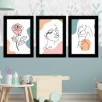 Kit 3 Quadros Flor-Mulher - Moldura Preta -