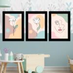 Kit 3 Quadros Flor-Mulher-Chic - Moldura Preta -