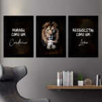 Kit 3 Quadros Frase-Cordeiro-Leão - Moldura Preta -