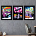 Kit 3 Quadros Construções-Arte -Moldura Preta -