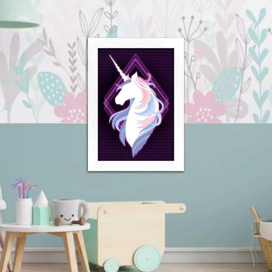 Quadro Decorativo Unicórnio Neon - Moldura Branca -