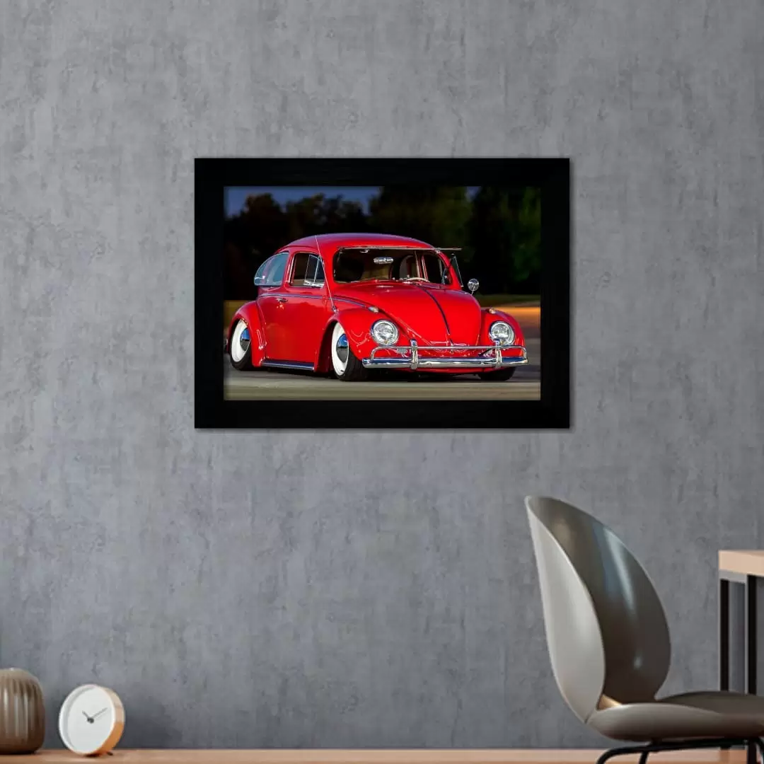 Quadro Decorativo Fusca Vermelho - Moldura Preta -
