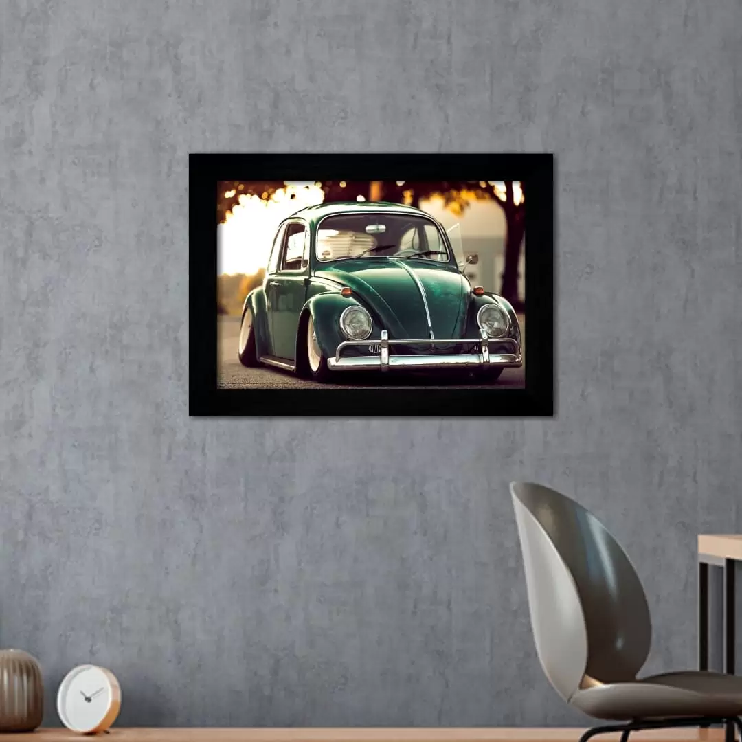 Quadro Decorativo Fusca Verde - Moldura Preta -