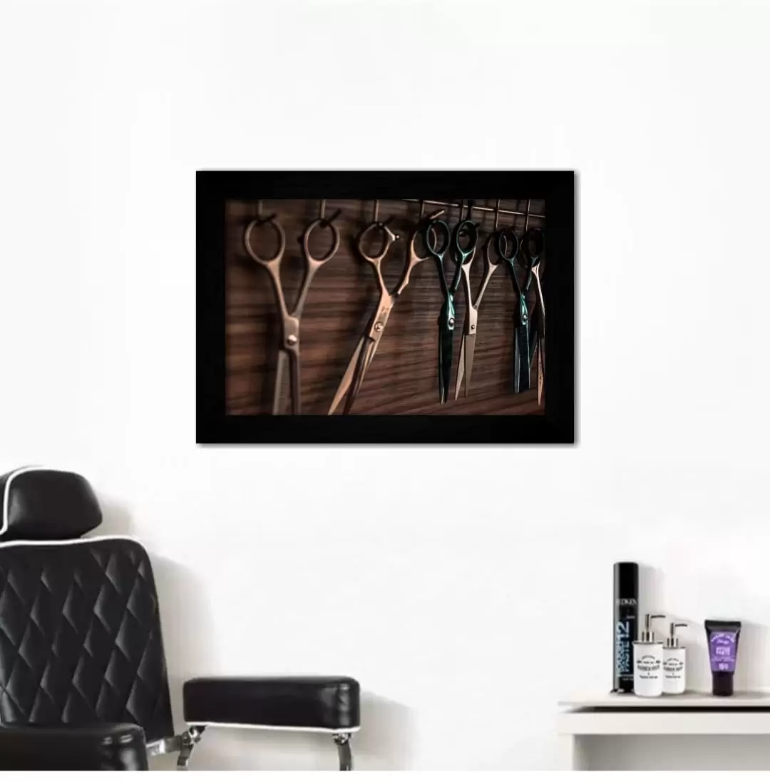 Quadro Decorativo Barbeiro Tesouras - Moldura Preta -