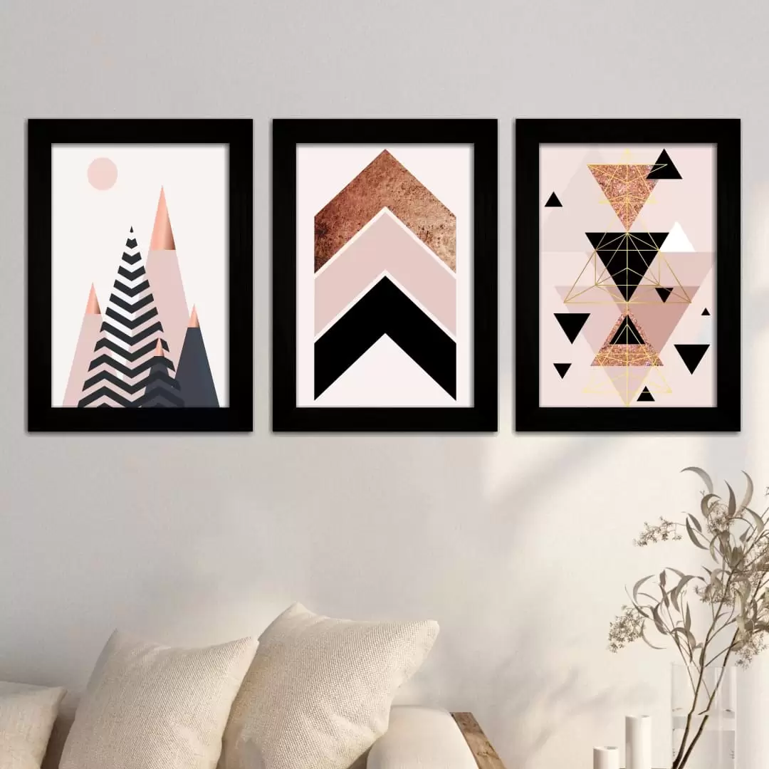 Kit 3 Quadros Geométrico-Abstrato - Moldura Preta -