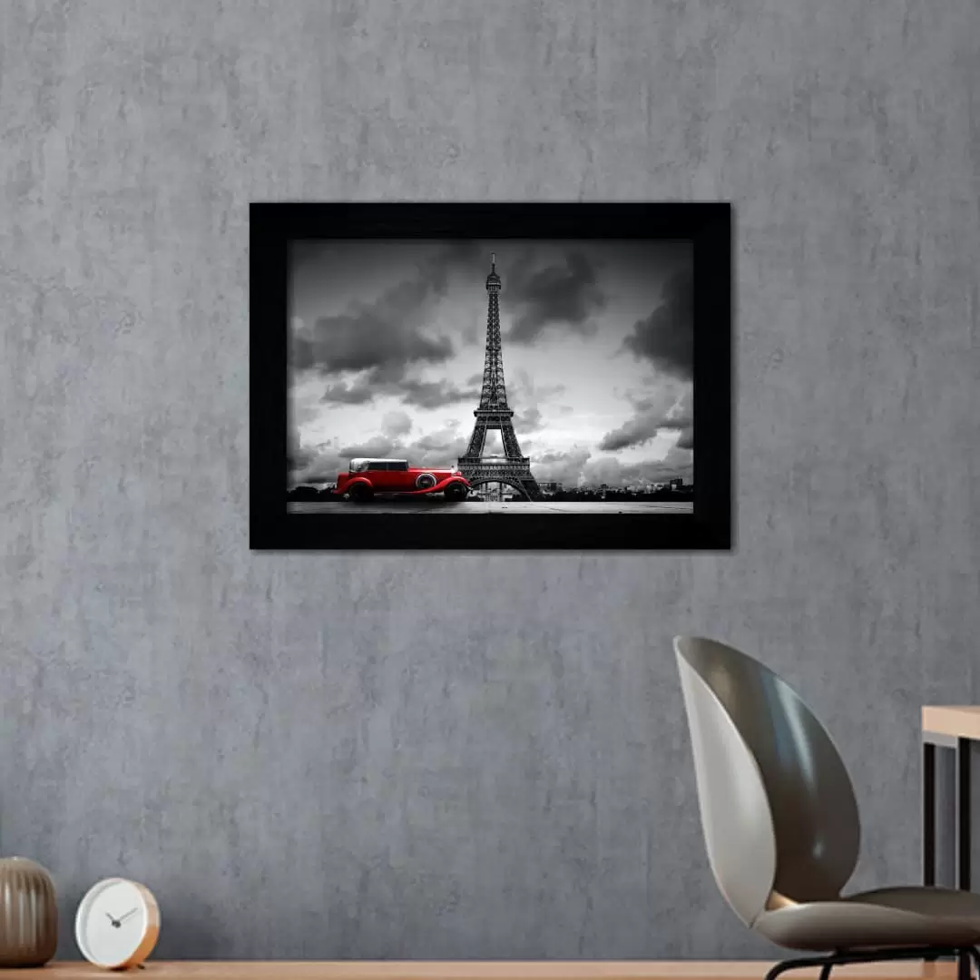 Quadro Decorativo Carro em Paris - Moldura Preta -