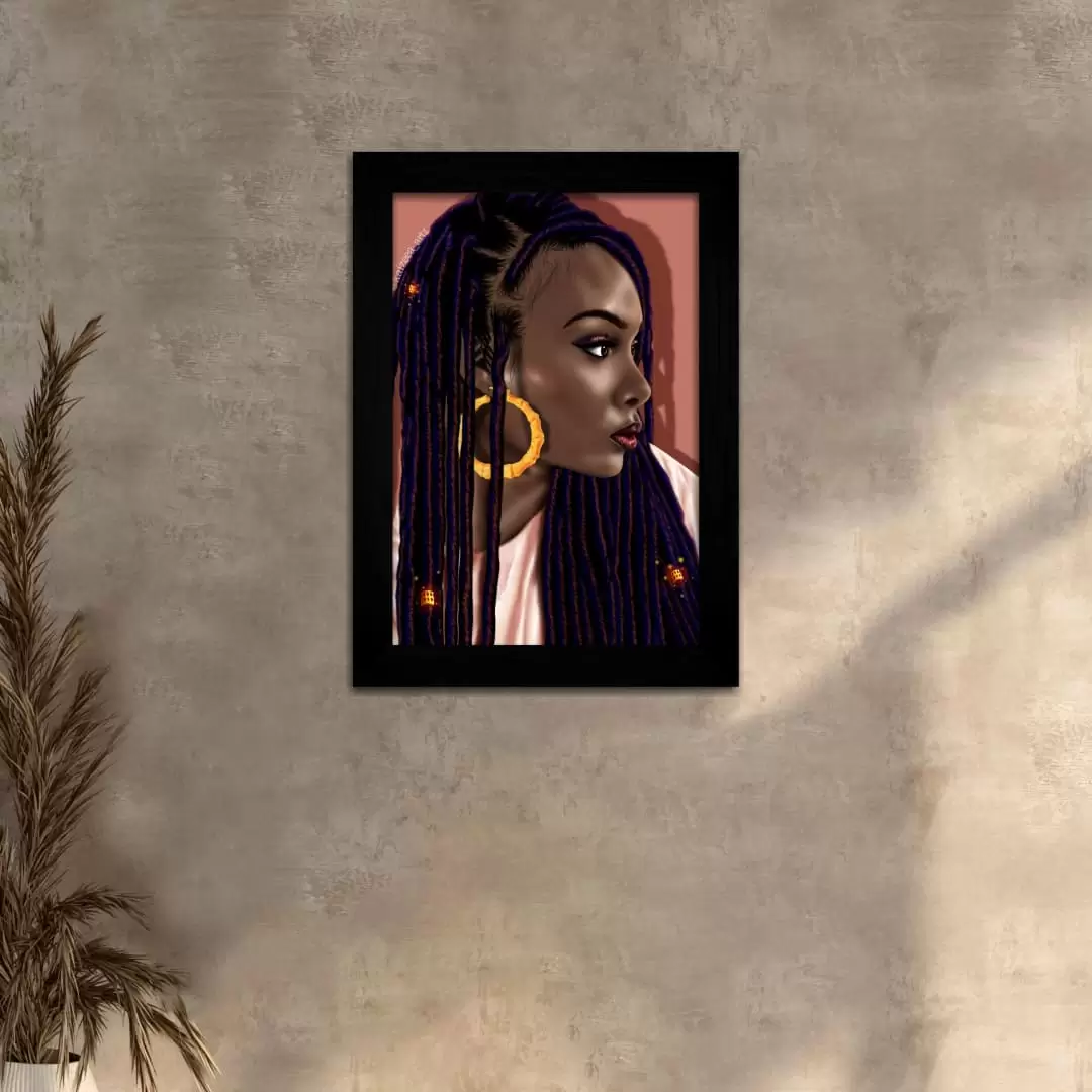 Quadro Decorativo Mulher Negra-Tranças - Moldura Preta -