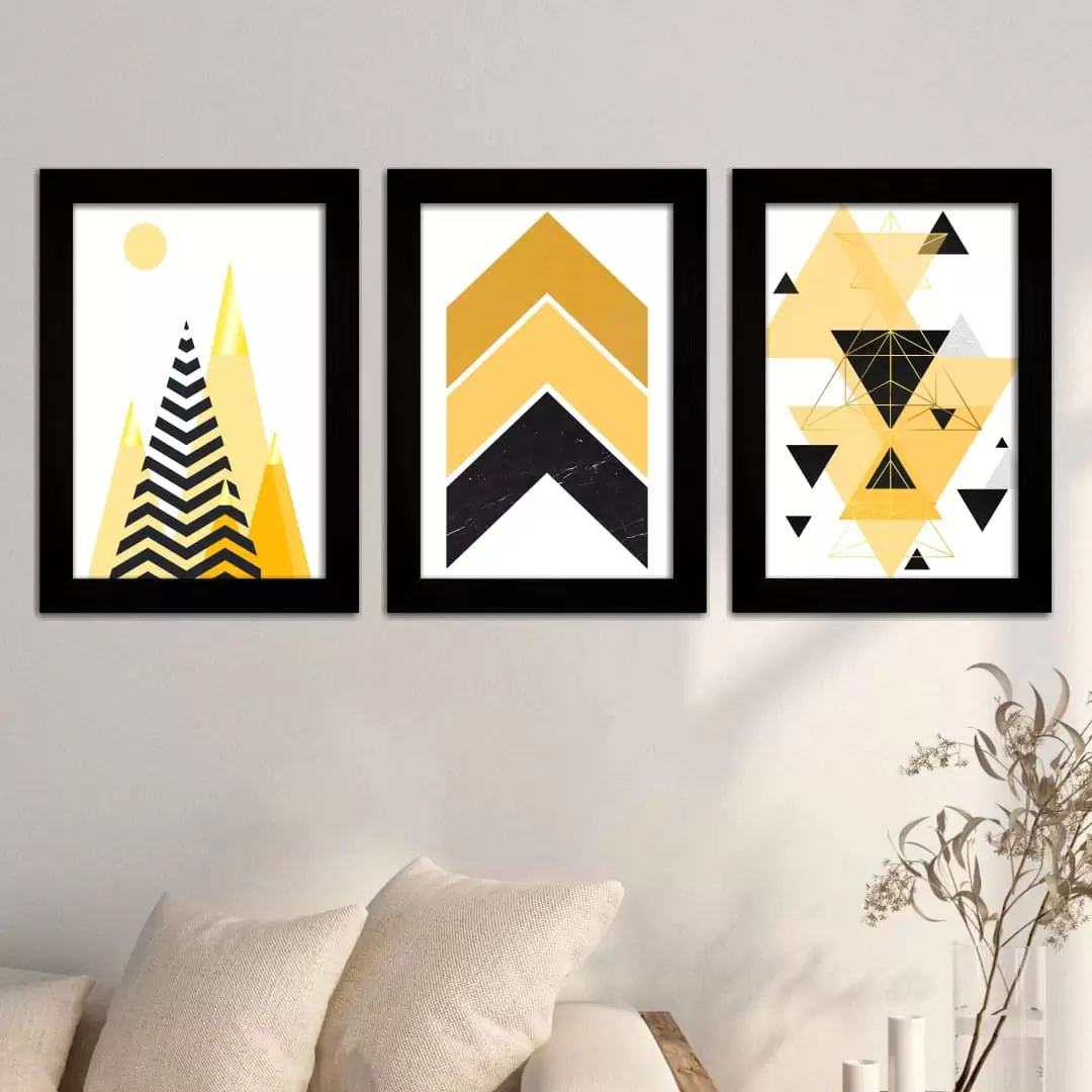 Kit 3 Quadros Geométrico-Amarelo - Moldura Preta -