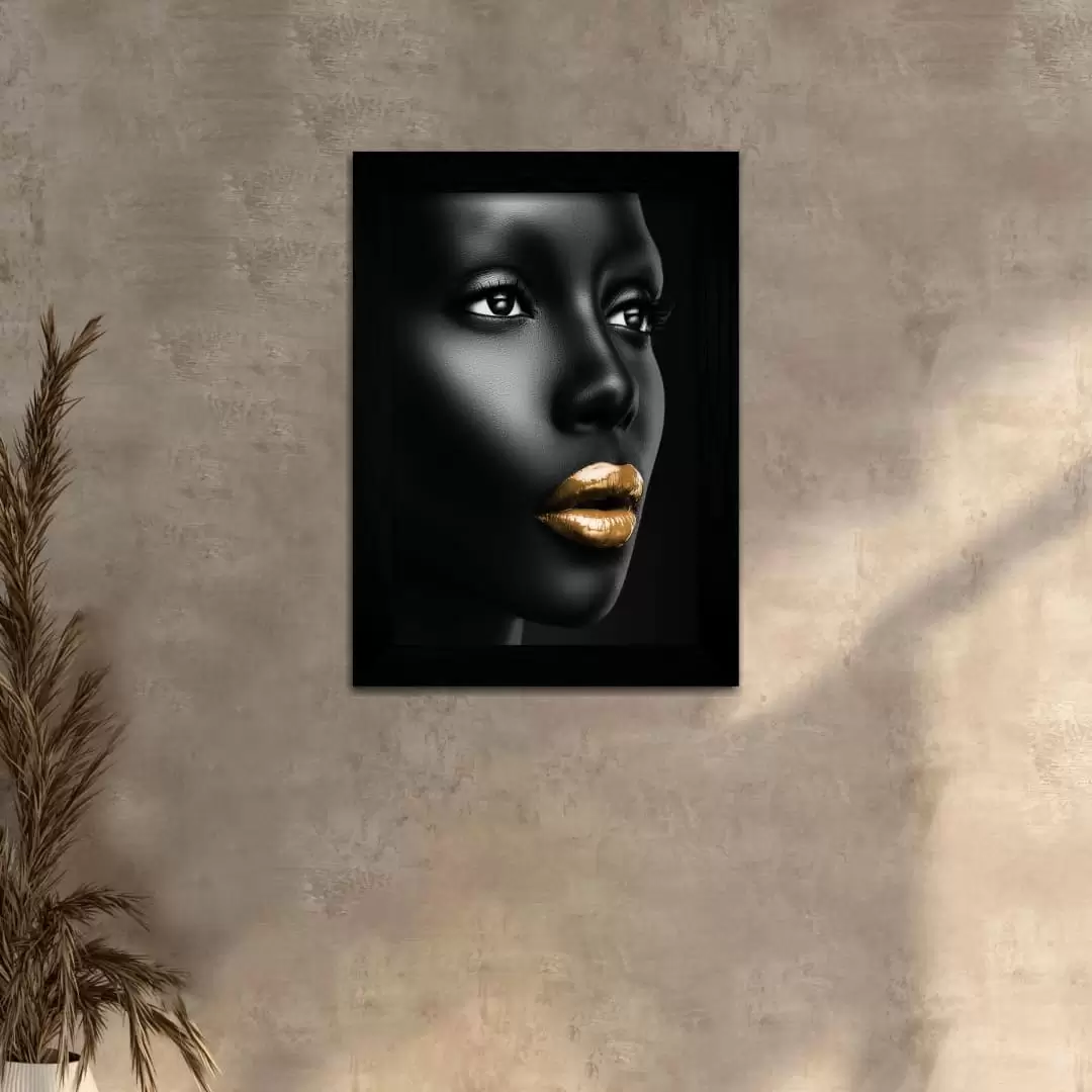 Quadro Decorativo Batom Dourado - Moldura Preta -