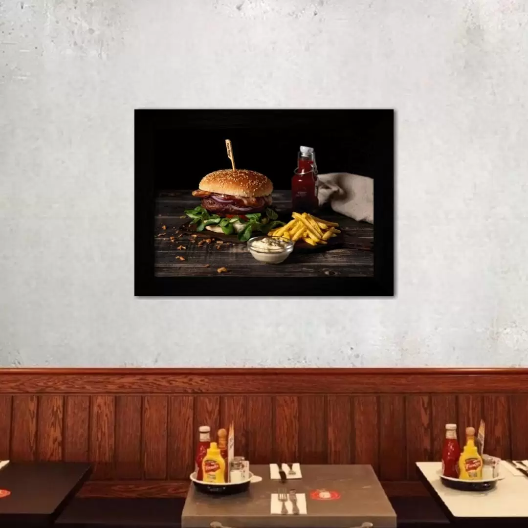 Quadro Decorativo Hambúrguer e Fritas - Moldura Preta -