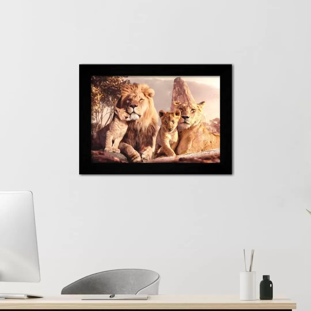 Quadro Decorativo Família de Leões - Moldura Preta -