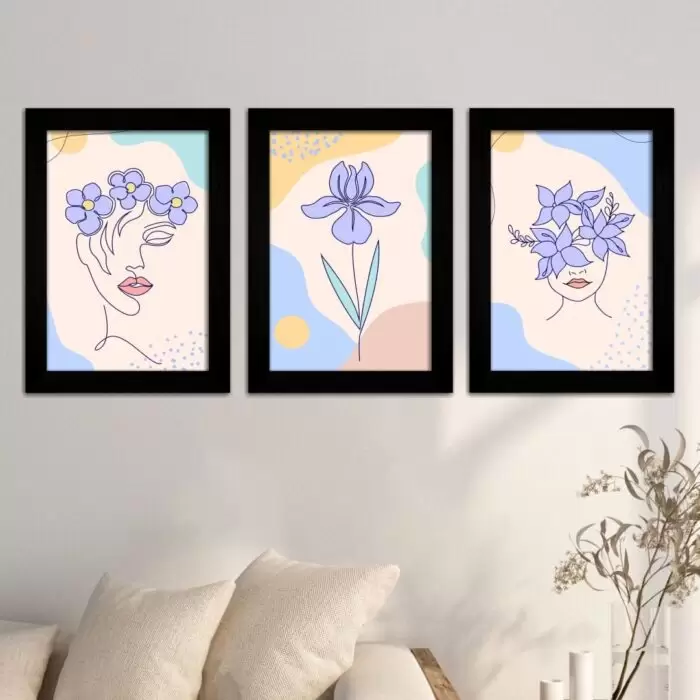 Kit 3Quadros Boho-Chic Flores - Moldura Preta -