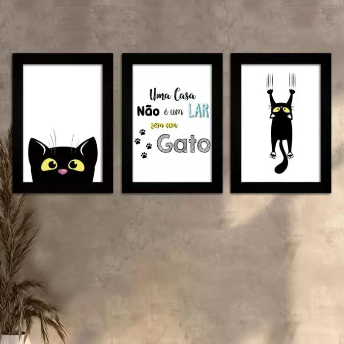 Kit 3 Quadros Gato - Moldura Preta -
