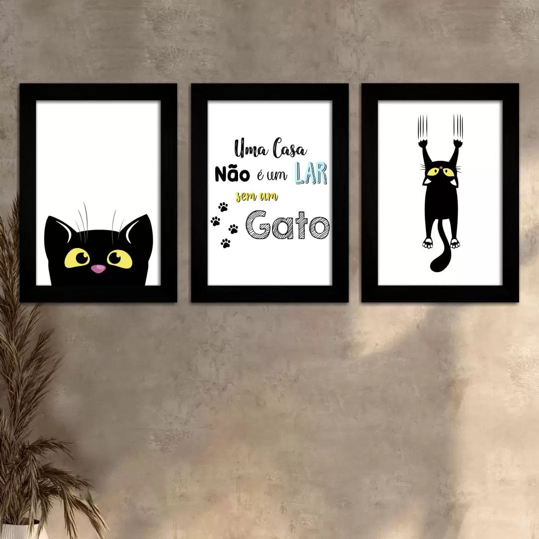 Kit 3 Quadros Gato - Moldura Preta - Kit 3 Quadros Gato - Moldura Preta -