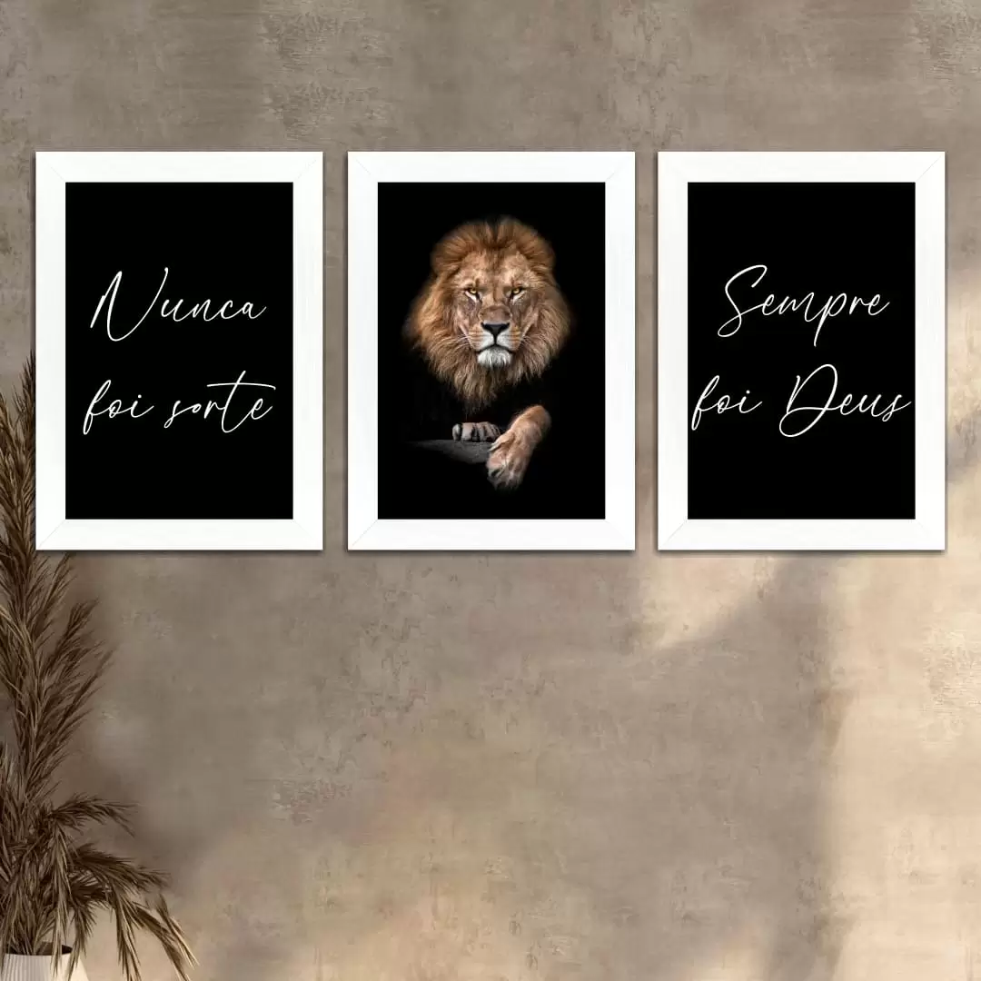 Kit 3 Quadros decorativos Leão nunca foi sorte - Moldura Branca Ambientado
