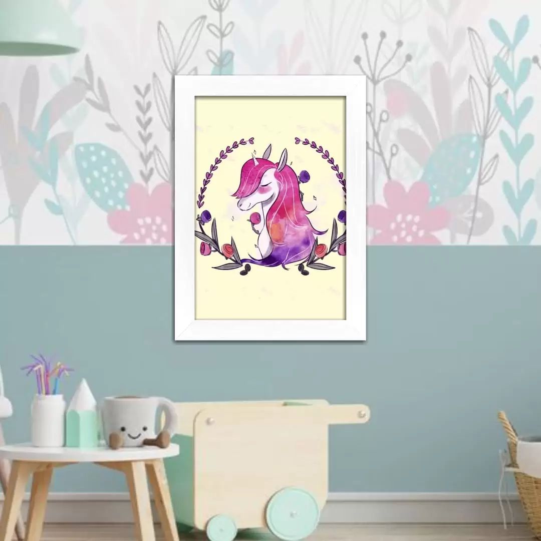 Quadro Decorativo Unicórnio Rosa - Moldura Branca -