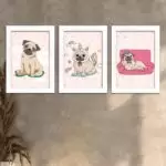 Kit 3 Quadros - Pugs - Moldura Preta -