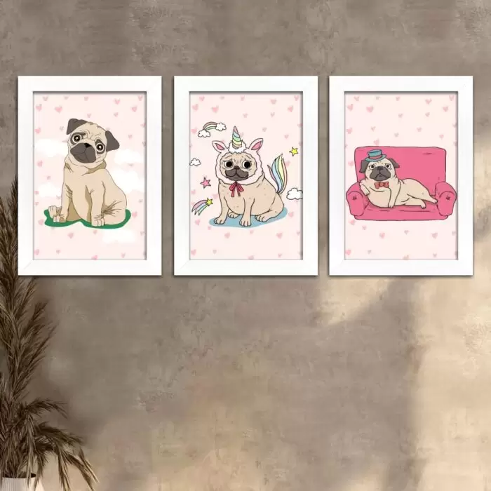 Kit 3 Quadros - Pugs - Moldura Preta -