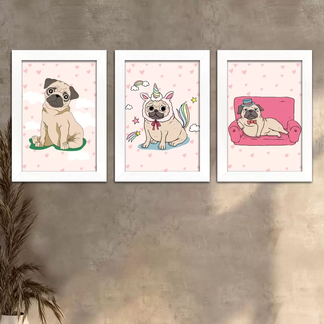 Kit 3 Quadros - Pugs - Moldura Preta -