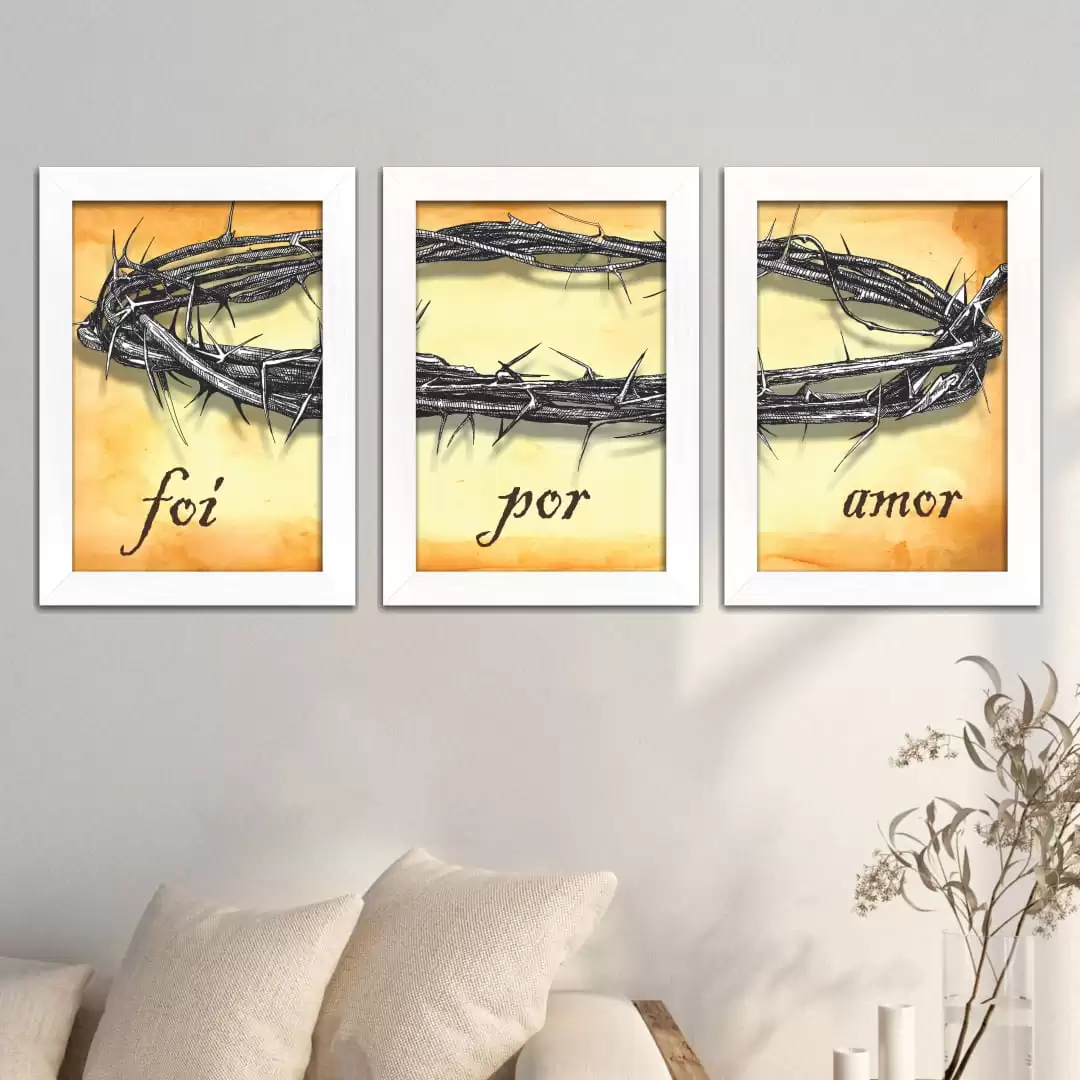 Kit 3 Quadros Foi-Por-Amor - Moldura Branca Ambientado