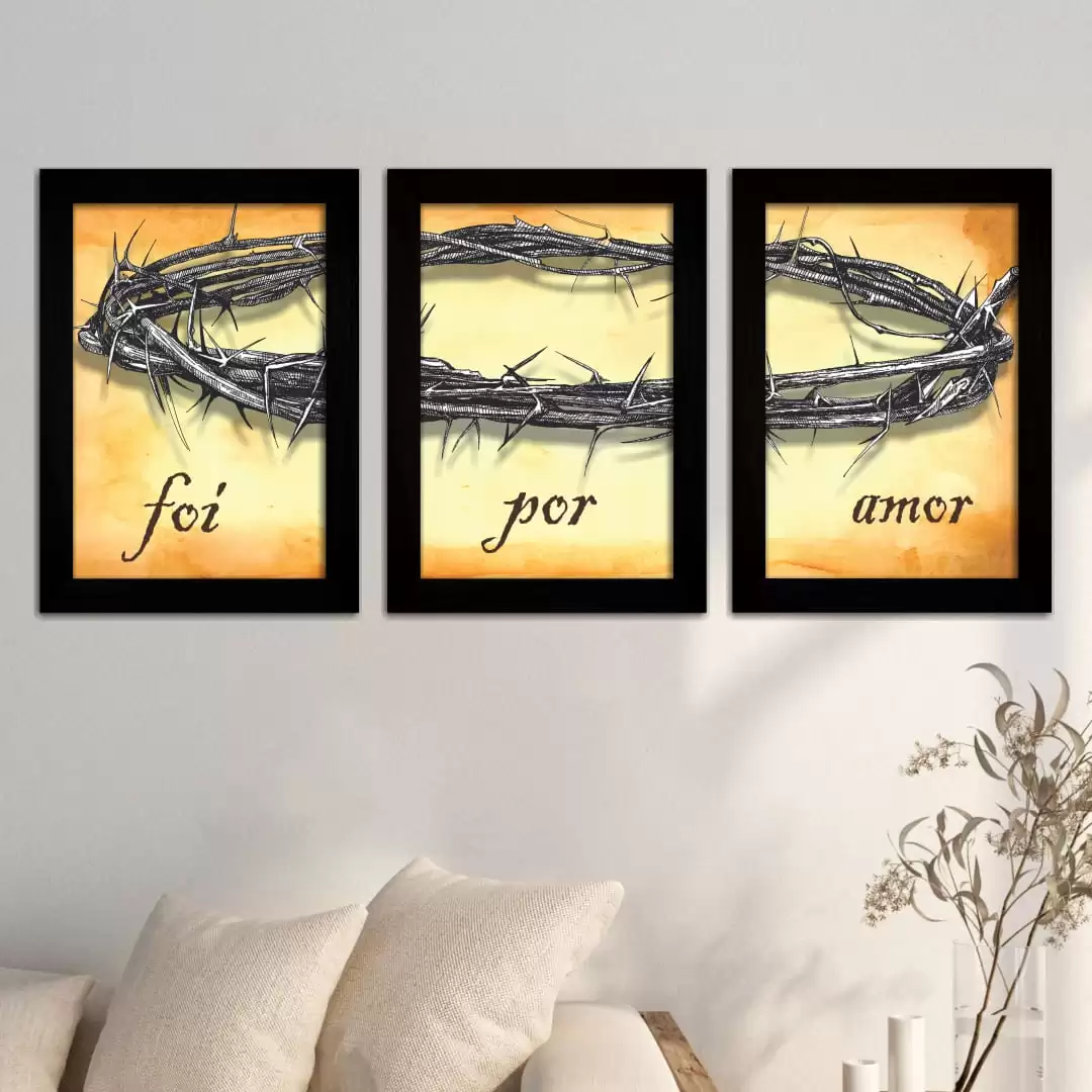 Kit 3 Quadros Foi-Por-Amor - Moldura Pretaa Ambientado