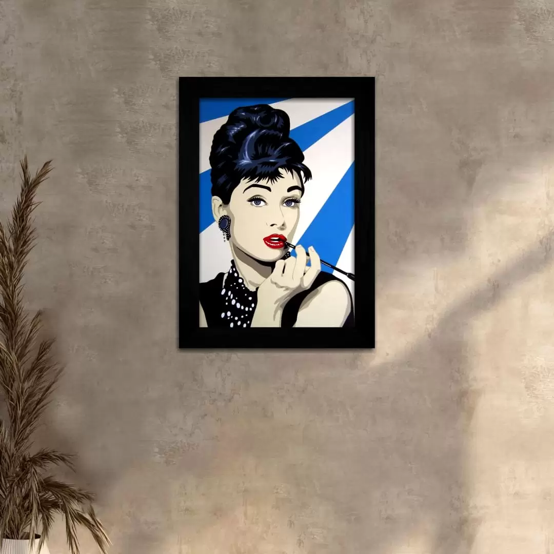 Quadro Decorativo Audrey Hepburn-Listrado - Moldura Preta -
