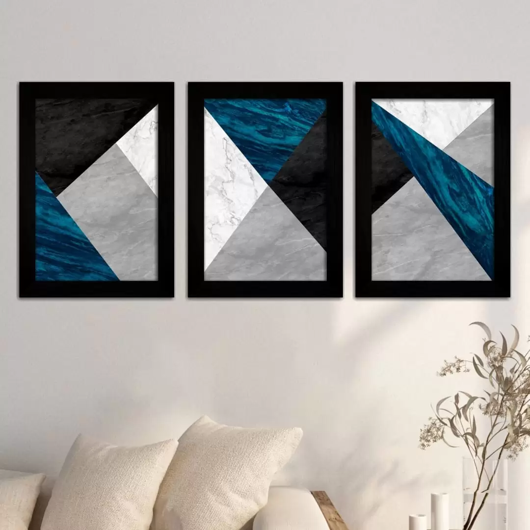 Kit 3 Quadros Abstrato-Azul-Chique - Moldura Preta -