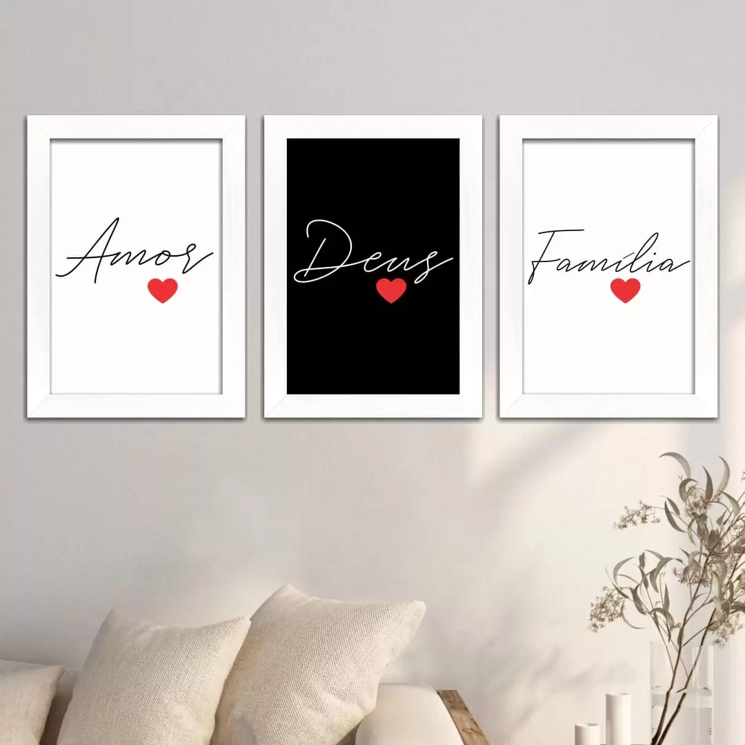 Kit 3 Quadros Amor, Deus e Família - Moldura Branca Ambientado