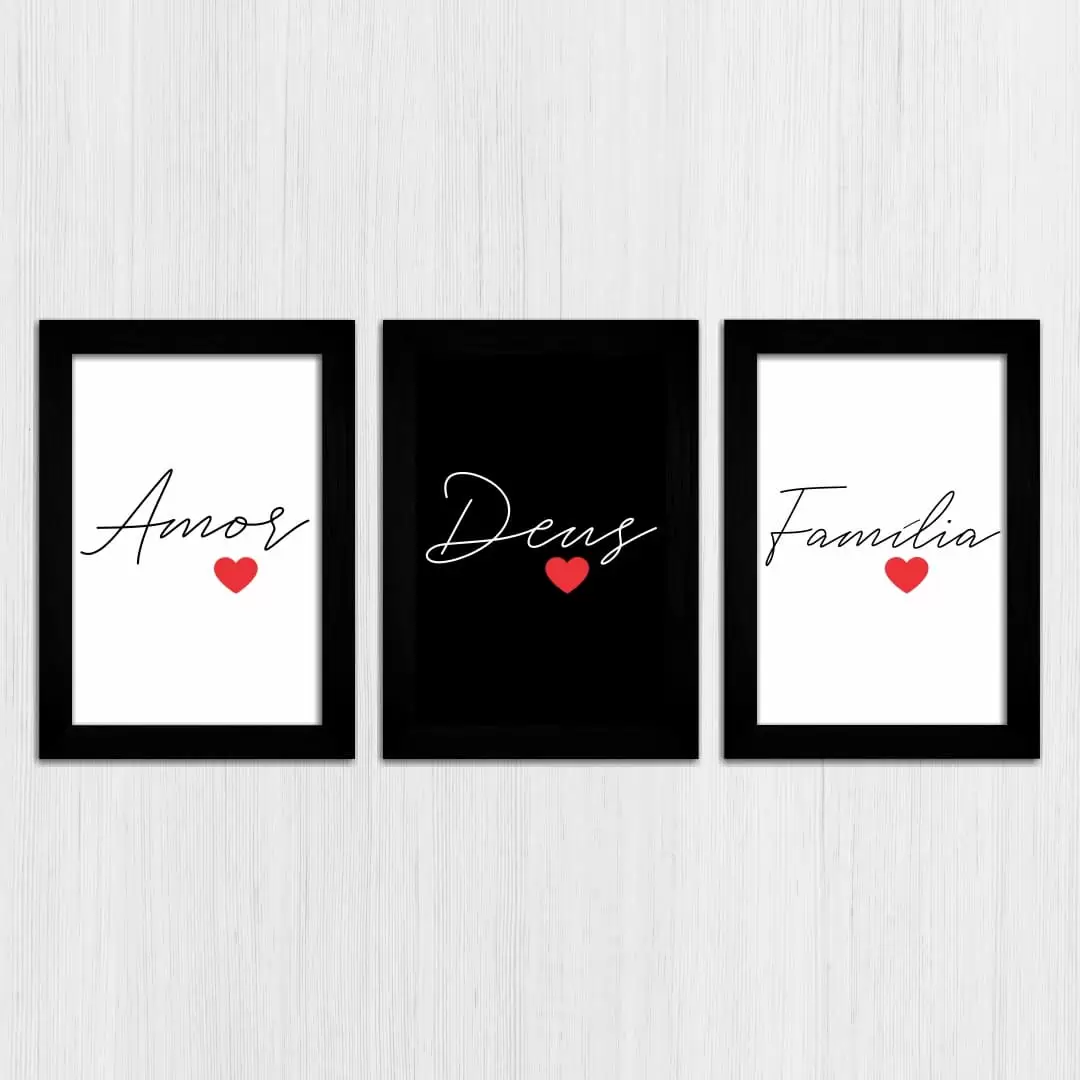 Kit 3 Quadros Amor, Deus e Família - Moldura Preta
