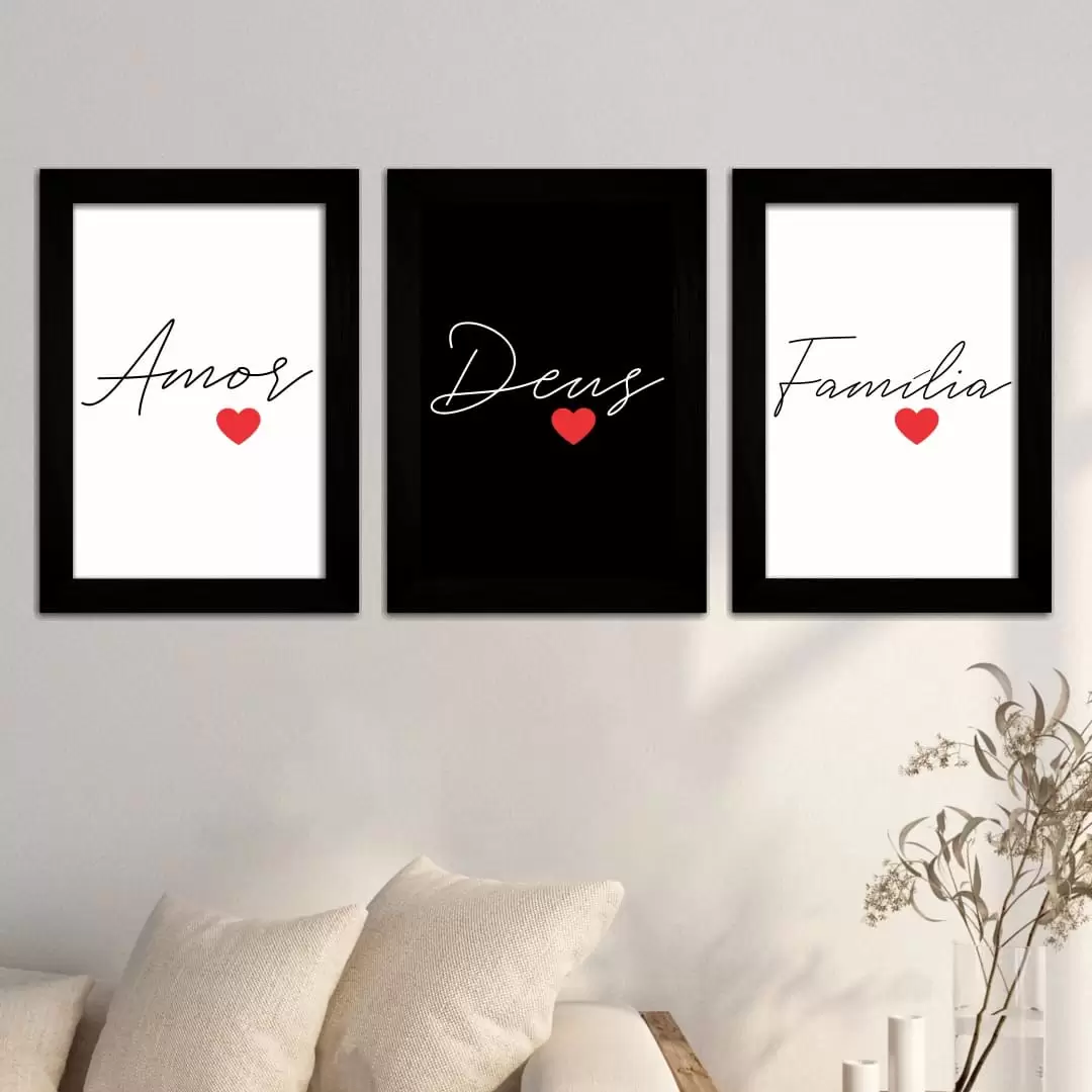 Kit 3 Quadros Amor, Deus e Família - Moldura Preta Ambientado